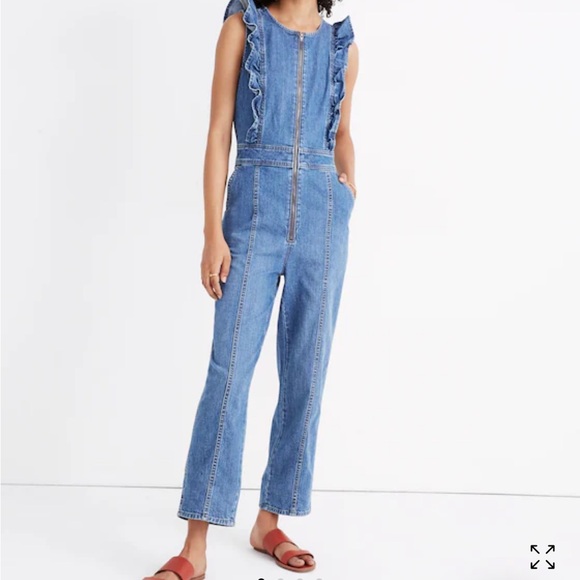 Madewell Denim Ruffle Sleeve Zip Front Jean Jumpsuit Size Womens Sz 0 - Picture 1 of 16